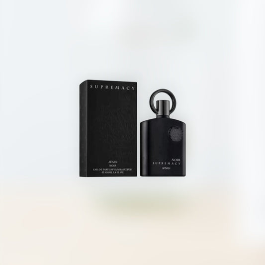 Trio Fragrance Afnan Supremacy Noir Eau de Parfum for men, black bottle with silver cap and intricate detailing.